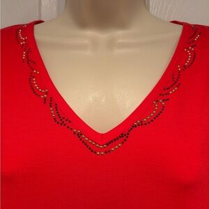 ST JOHN Red V Neck Top M NWT Rhinestone Silk Feel Quiet Luxury Designer Soft New